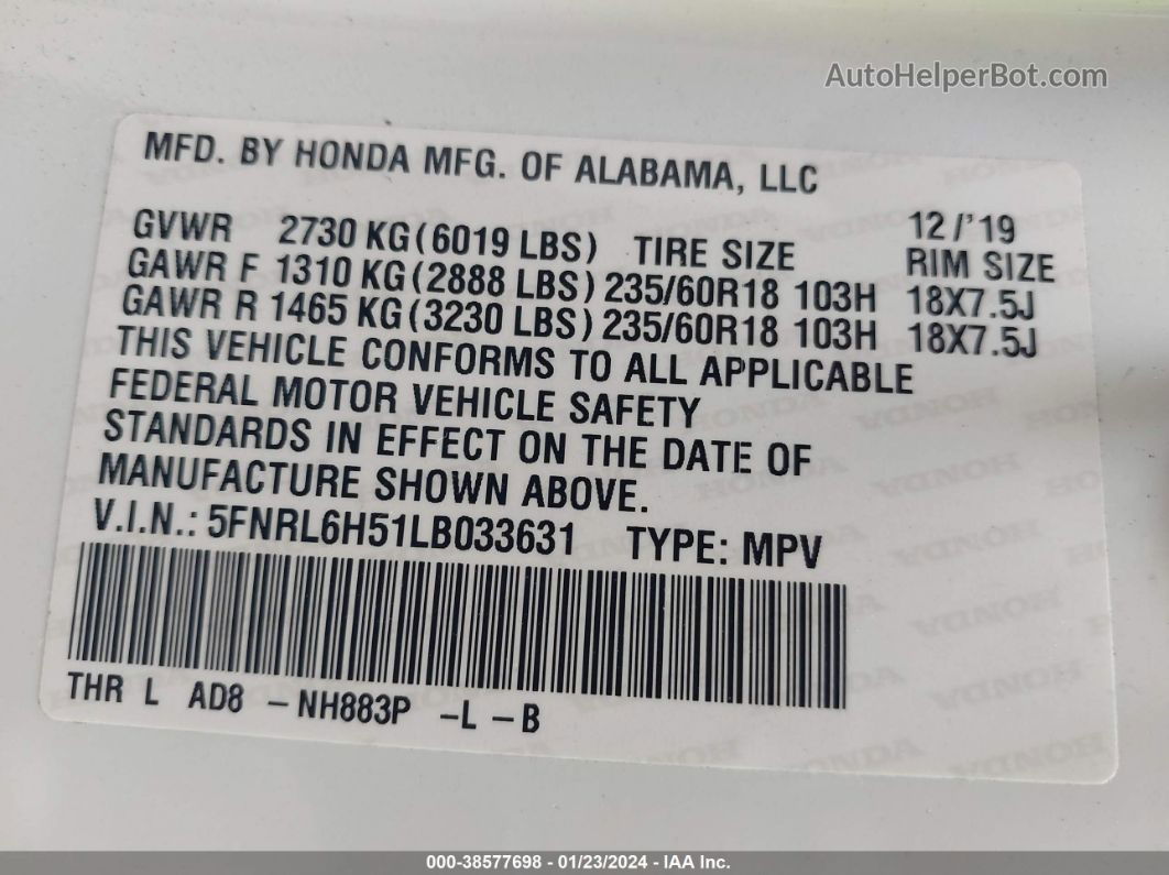 2020 Honda Odyssey Ex White vin: 5FNRL6H51LB033631