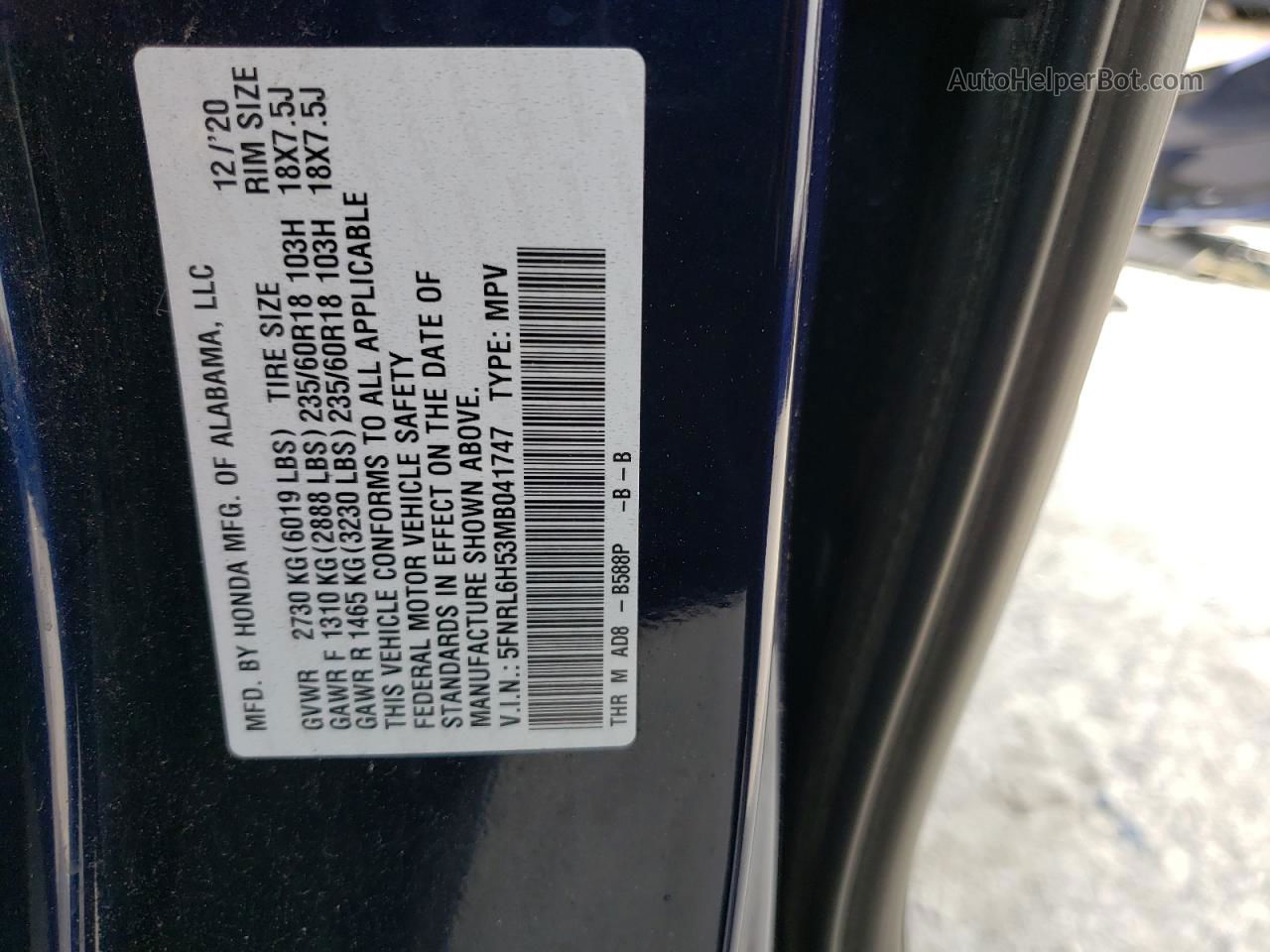 2021 Honda Odyssey Ex Синий vin: 5FNRL6H53MB041747