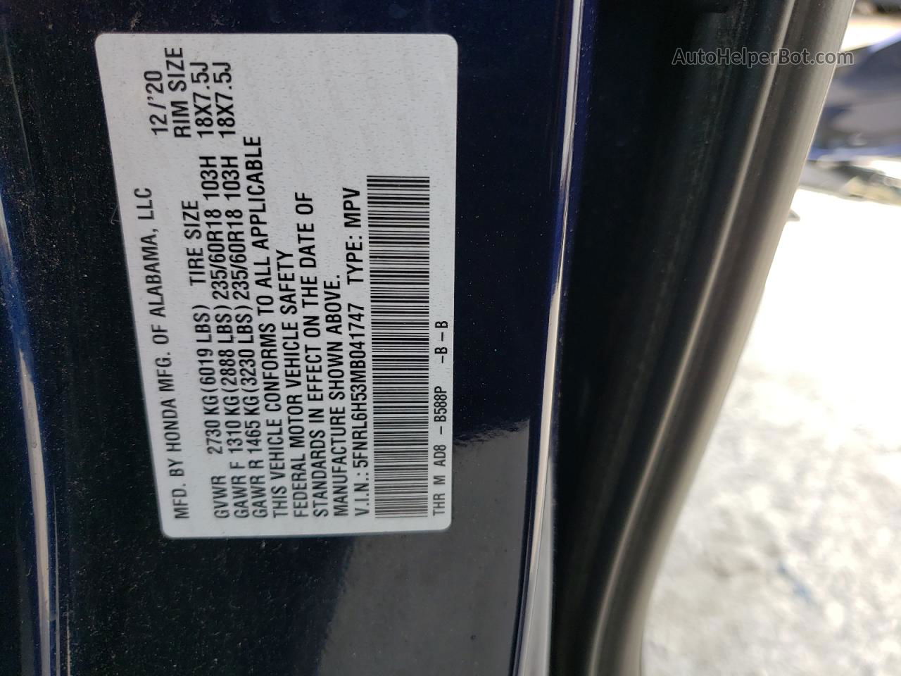 2021 Honda Odyssey Ex Blue vin: 5FNRL6H53MB041747