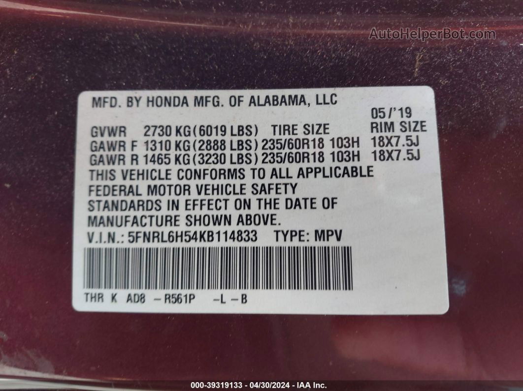 2019 Honda Odyssey Ex Maroon vin: 5FNRL6H54KB114833