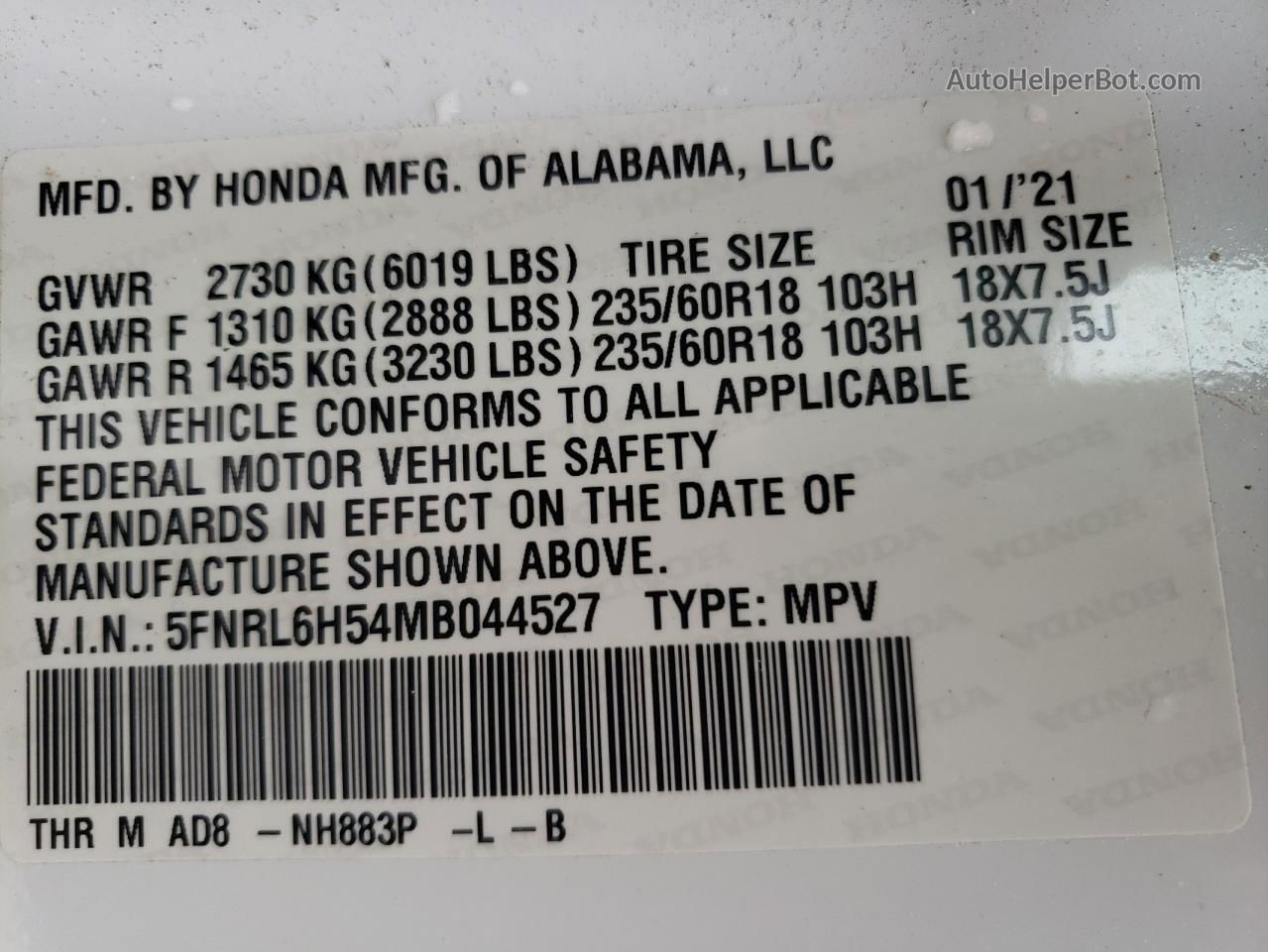 2021 Honda Odyssey Ex White vin: 5FNRL6H54MB044527