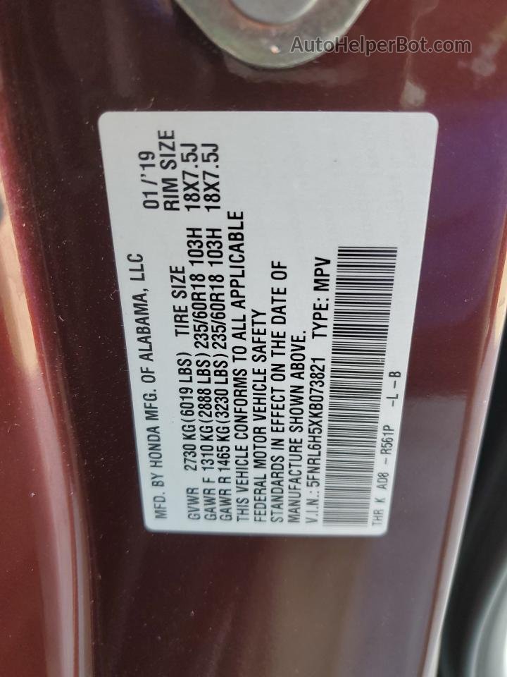 2019 Honda Odyssey Ex Burgundy vin: 5FNRL6H5XKB073821
