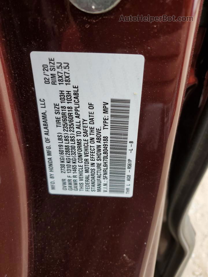 2020 Honda Odyssey Exl Burgundy vin: 5FNRL6H70LB049188