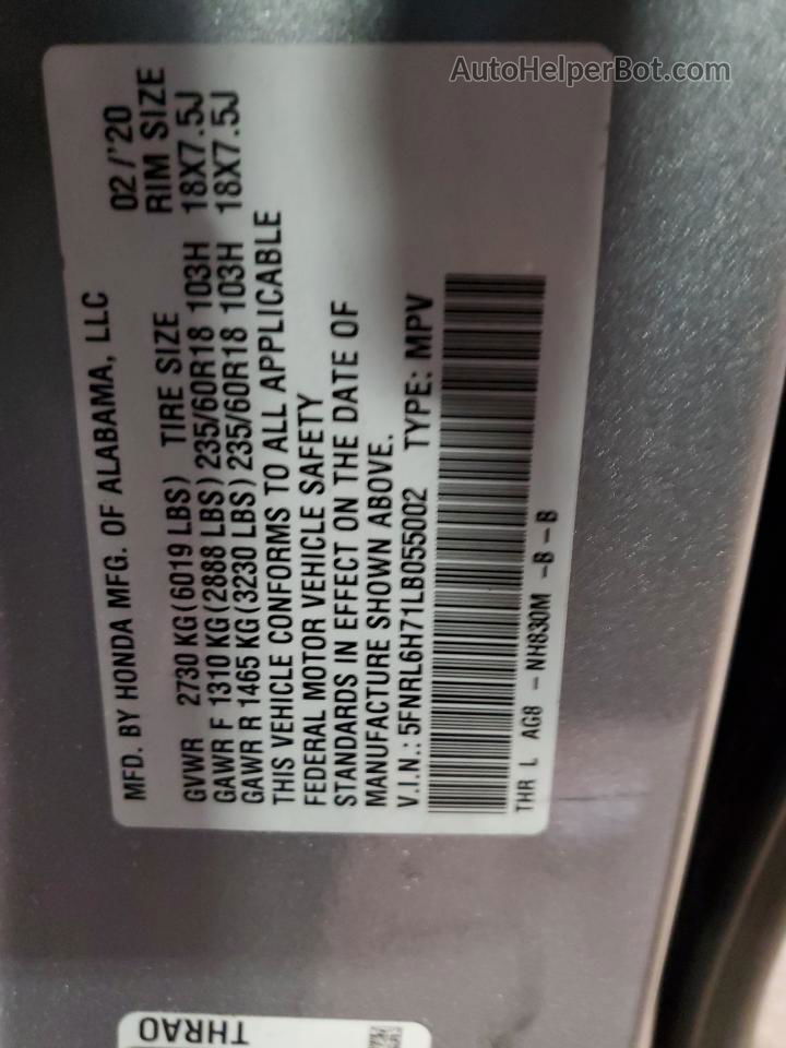 2020 Honda Odyssey Exl Gray vin: 5FNRL6H71LB055002