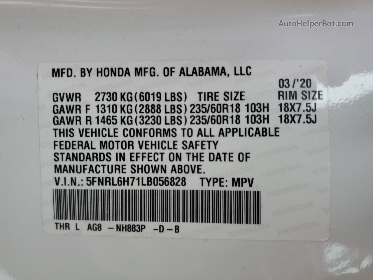 2020 Honda Odyssey Exl White vin: 5FNRL6H71LB056828