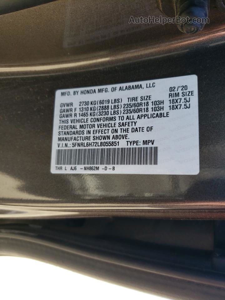 2020 Honda Odyssey Exl Tan vin: 5FNRL6H72LB055851