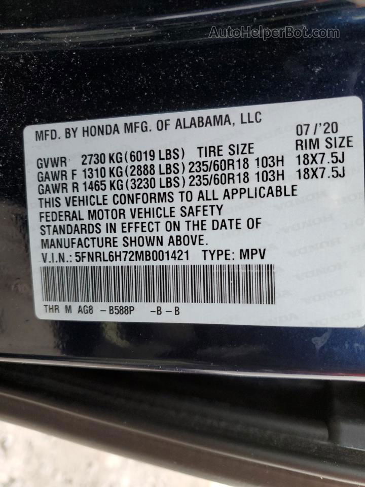 2021 Honda Odyssey Exl Blue vin: 5FNRL6H72MB001421