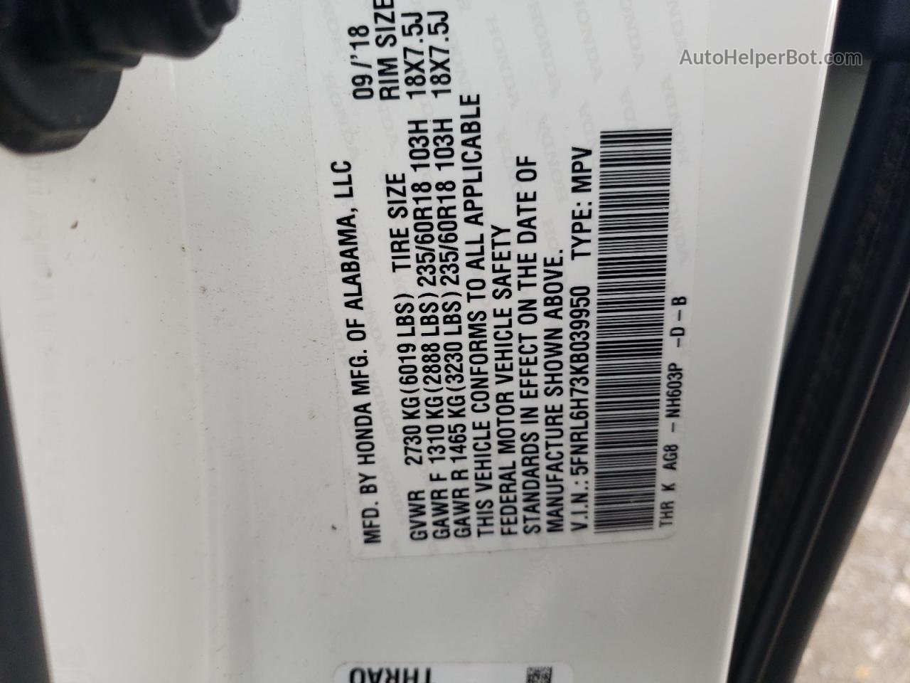 2019 Honda Odyssey Exl White vin: 5FNRL6H73KB039950