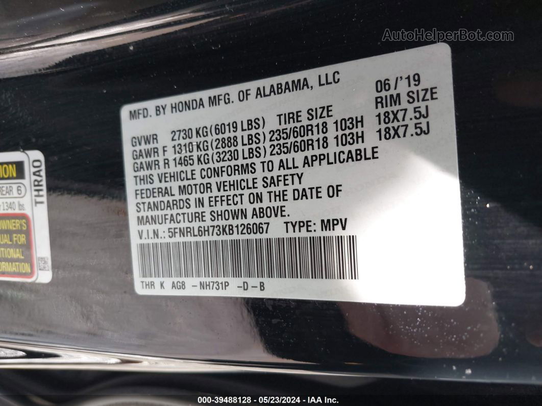 2019 Honda Odyssey Ex-l Black vin: 5FNRL6H73KB126067