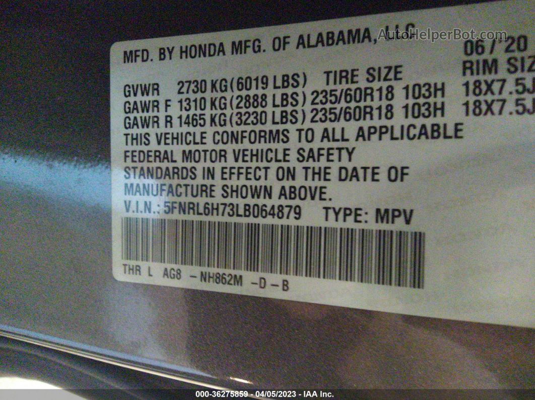 2020 Honda Odyssey Ex-l Gray vin: 5FNRL6H73LB064879