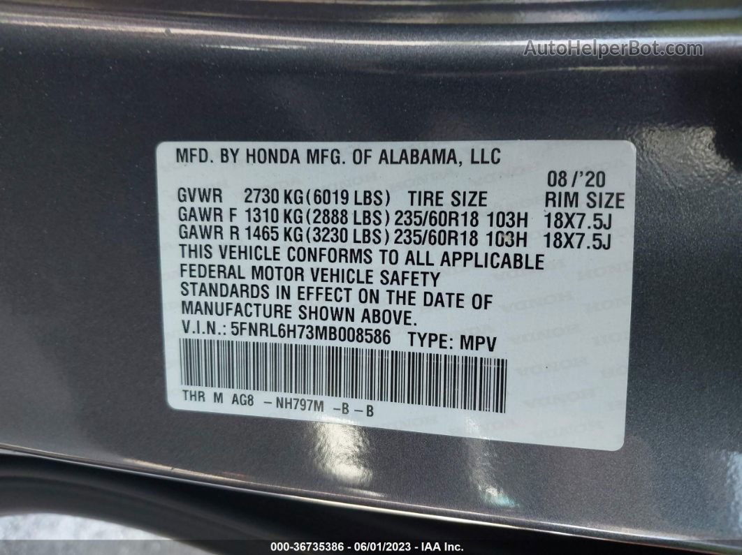 2021 Honda Odyssey Ex-l Gray vin: 5FNRL6H73MB008586