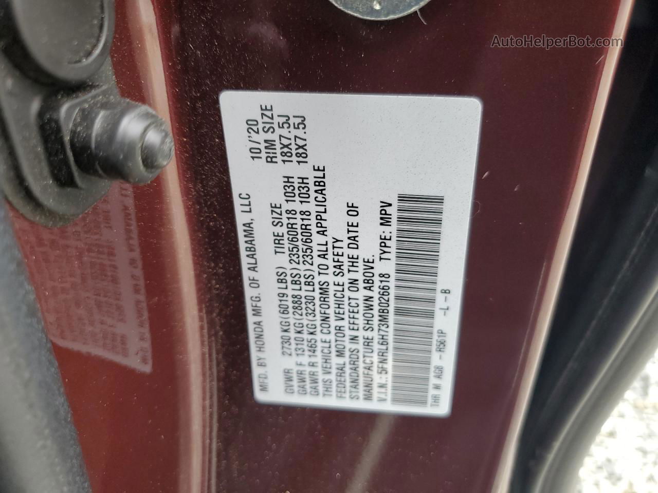 2021 Honda Odyssey Exl Burgundy vin: 5FNRL6H73MB026618