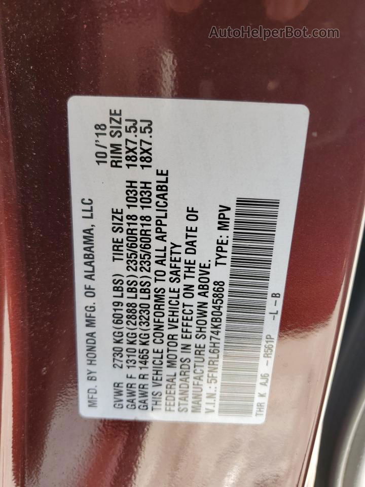 2019 Honda Odyssey Exl Red vin: 5FNRL6H74KB045868