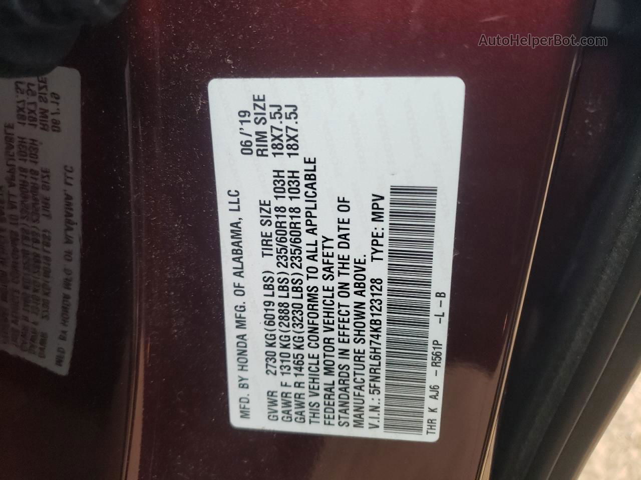 2019 Honda Odyssey Exl Maroon vin: 5FNRL6H74KB123128