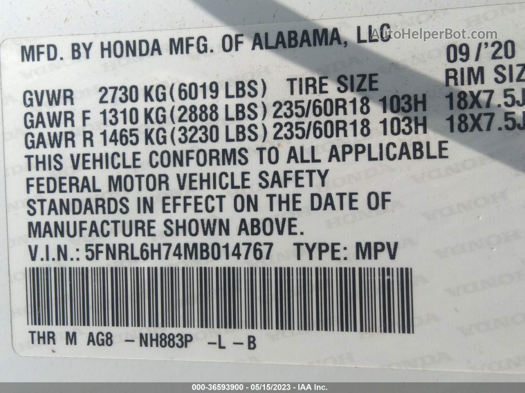 2021 Honda Odyssey Ex-l White vin: 5FNRL6H74MB014767