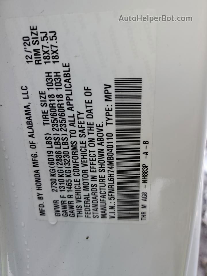 2021 Honda Odyssey Exl White vin: 5FNRL6H74MB040110