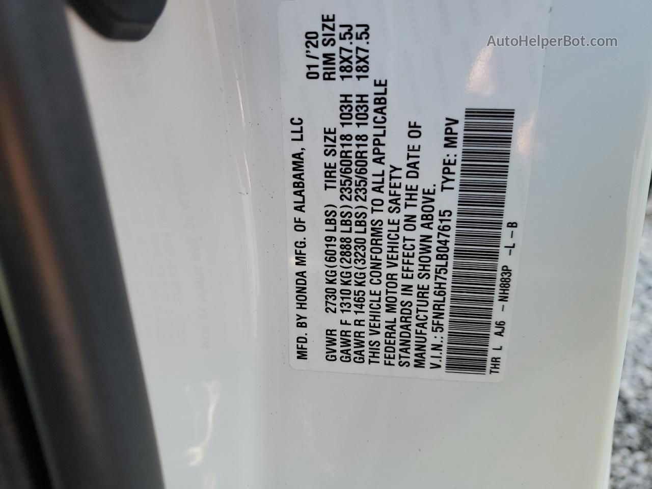 2020 Honda Odyssey Exl White vin: 5FNRL6H75LB047615