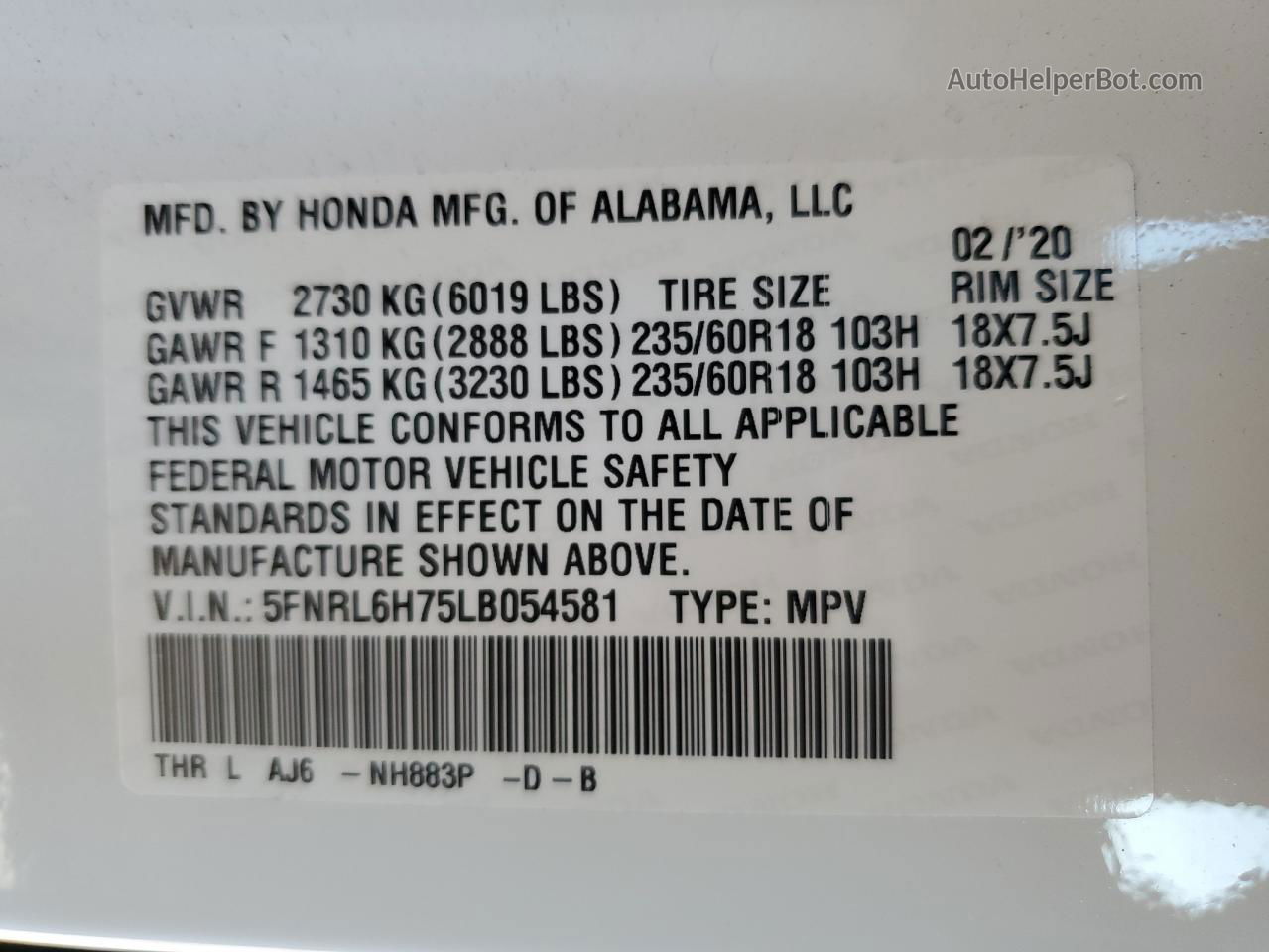 2020 Honda Odyssey Exl White vin: 5FNRL6H75LB054581