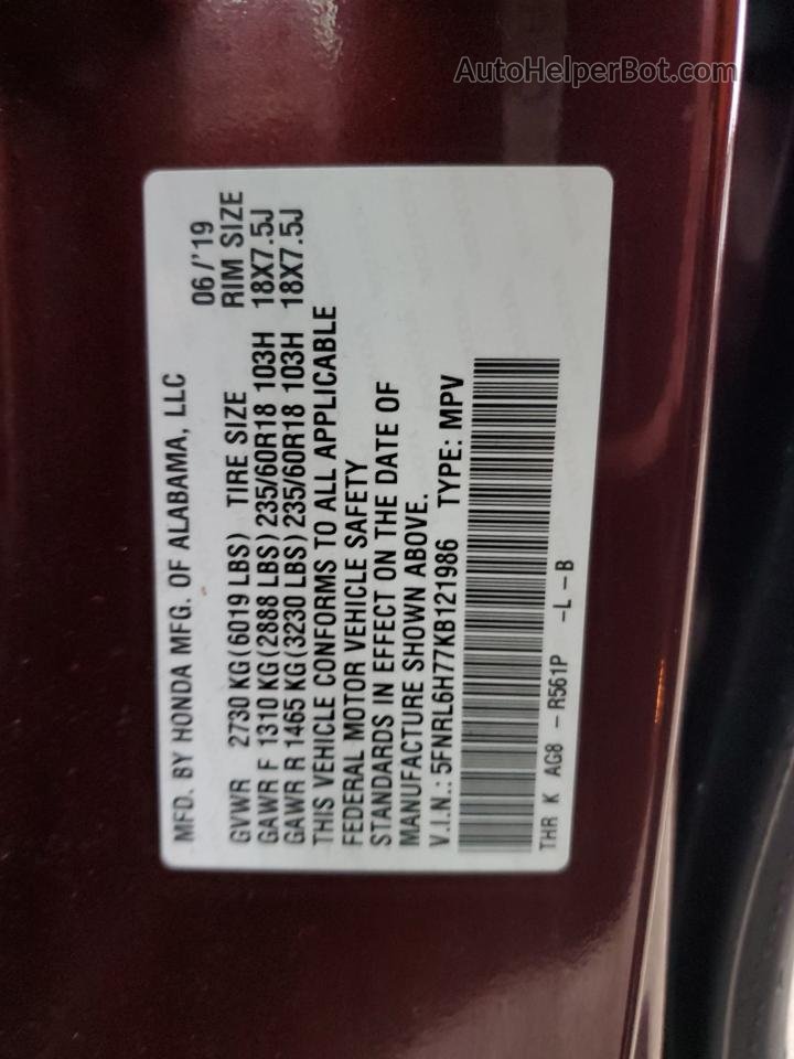 2019 Honda Odyssey Exl Burgundy vin: 5FNRL6H77KB121986