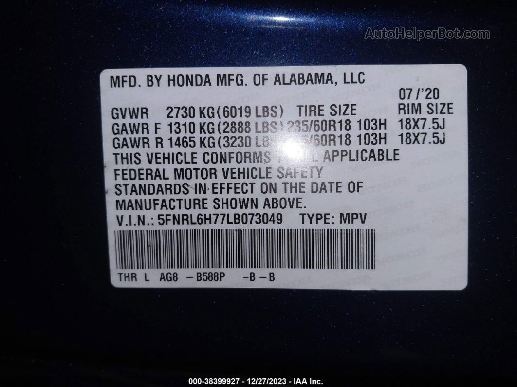 2020 Honda Odyssey Ex-l/ex-l W/navi   Res Dark Blue vin: 5FNRL6H77LB073049