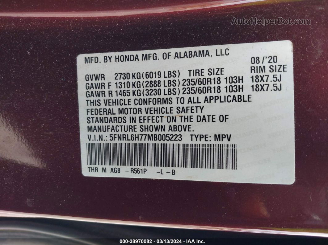 2021 Honda Odyssey Ex-l Burgundy vin: 5FNRL6H77MB005223