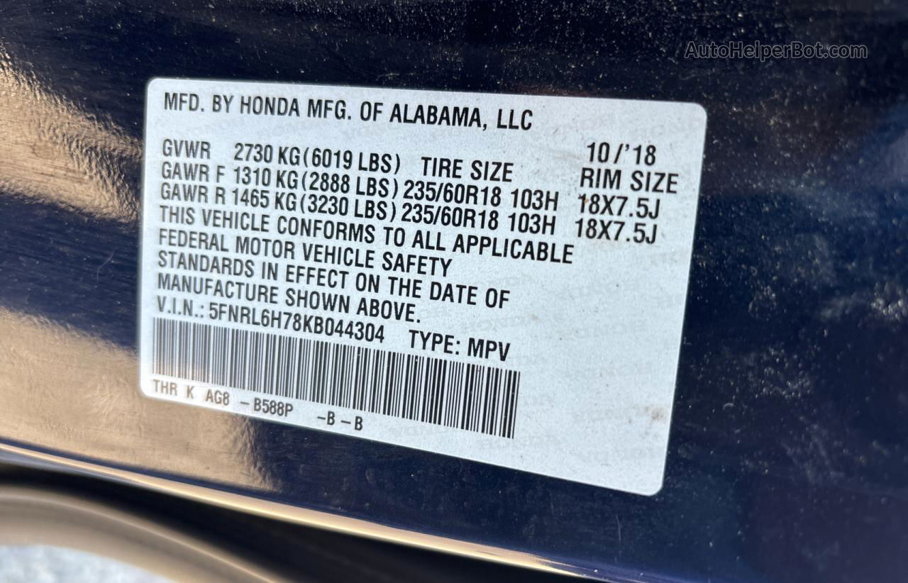 2019 Honda Odyssey Exl Blue vin: 5FNRL6H78KB044304