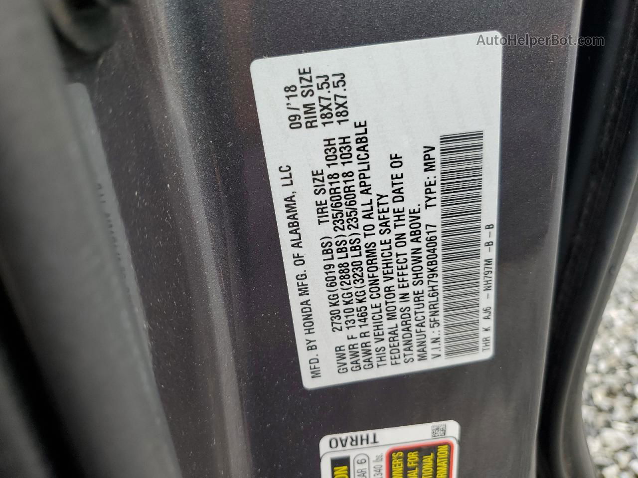 2019 Honda Odyssey Exl Gray vin: 5FNRL6H79KB040617