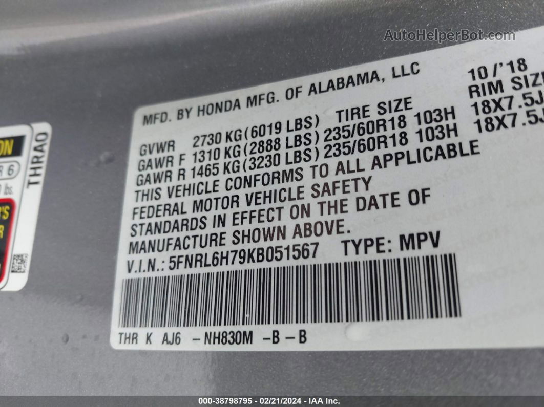 2019 Honda Odyssey Ex-l Silver vin: 5FNRL6H79KB051567