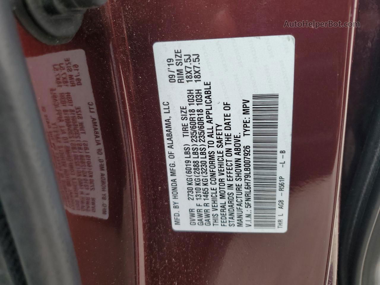 2020 Honda Odyssey Exl Burgundy vin: 5FNRL6H79LB007926