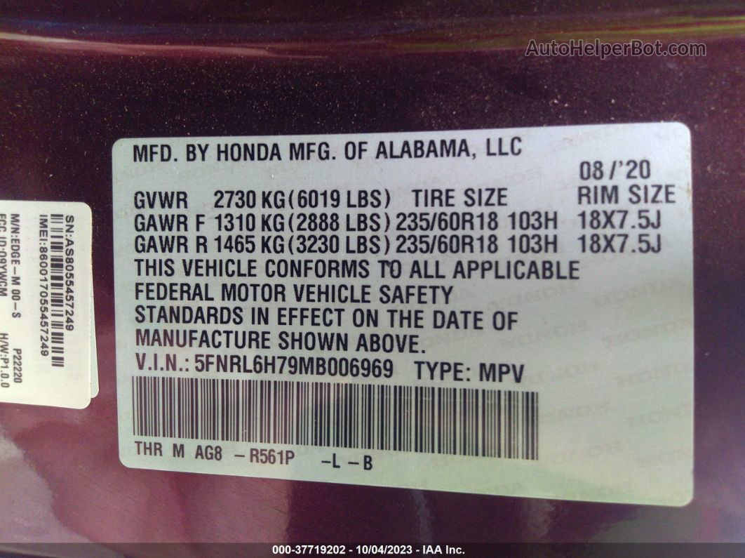 2021 Honda Odyssey Ex-l Burgundy vin: 5FNRL6H79MB006969