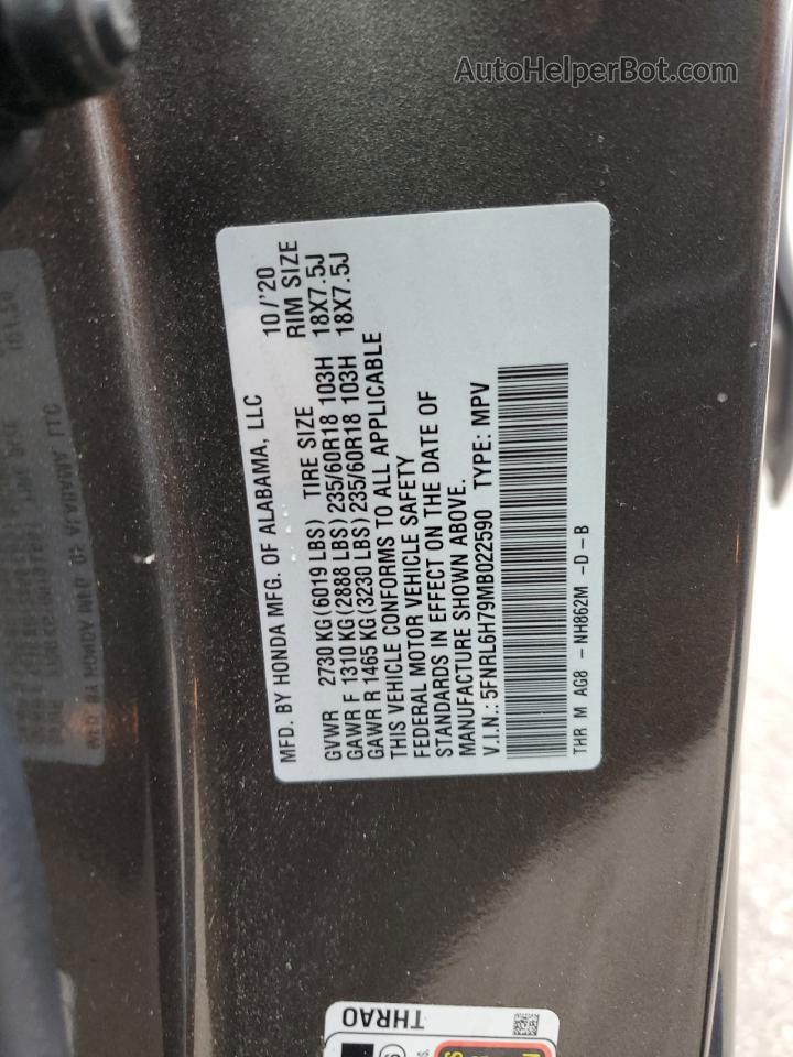 2021 Honda Odyssey Exl Charcoal vin: 5FNRL6H79MB022590