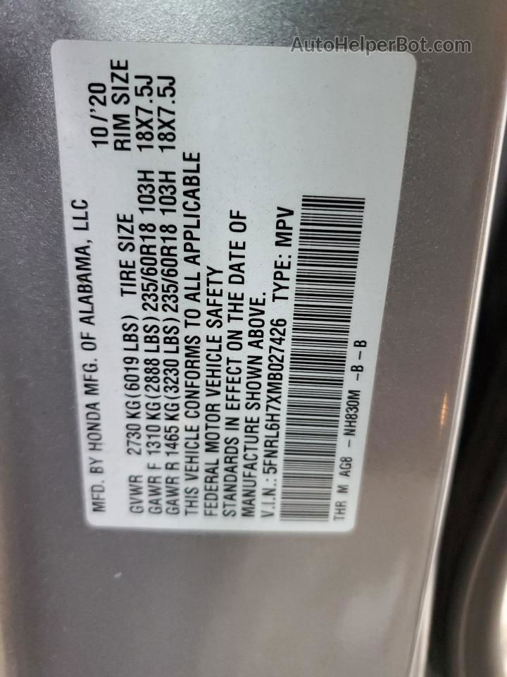 2021 Honda Odyssey Exl Серебряный vin: 5FNRL6H7XMB027426