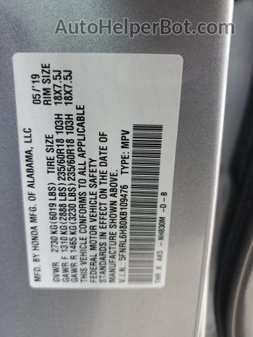 2019 Honda Odyssey Touring Silver vin: 5FNRL6H80KB109476