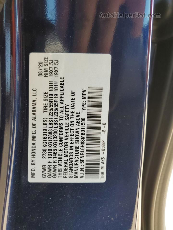 2021 Honda Odyssey Touring Blue vin: 5FNRL6H83MB011500