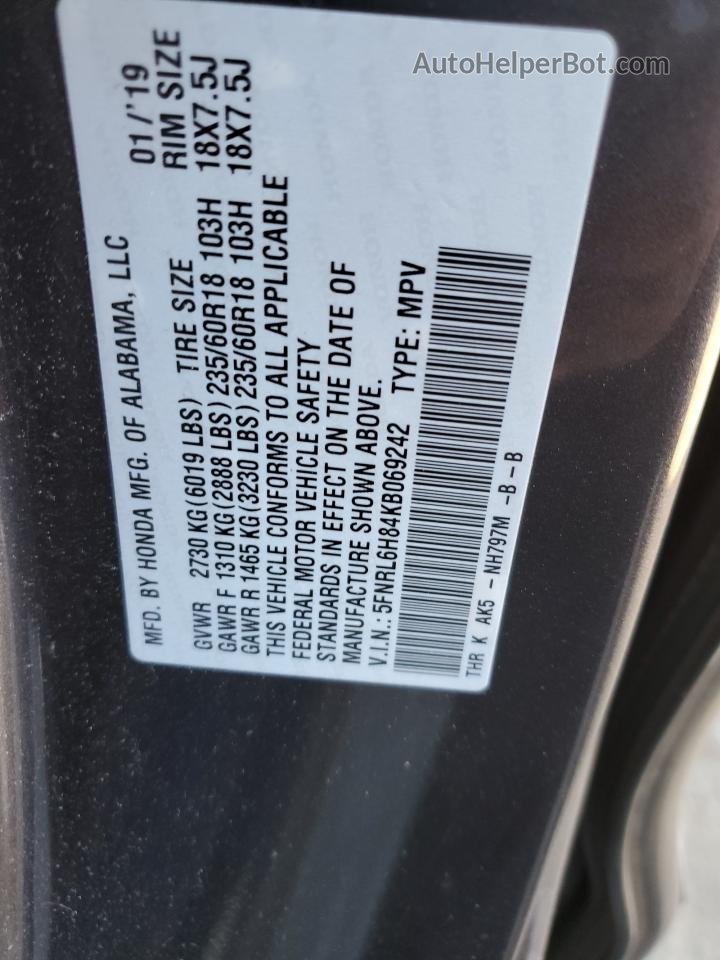 2019 Honda Odyssey Touring Gray vin: 5FNRL6H84KB069242