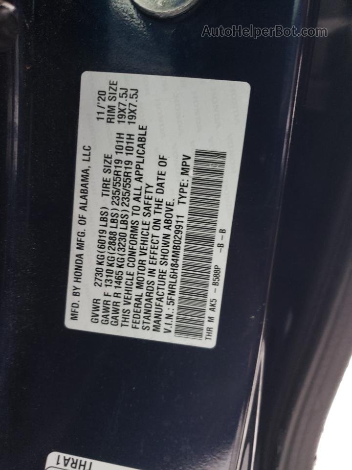2021 Honda Odyssey Touring Blue vin: 5FNRL6H84MB029911