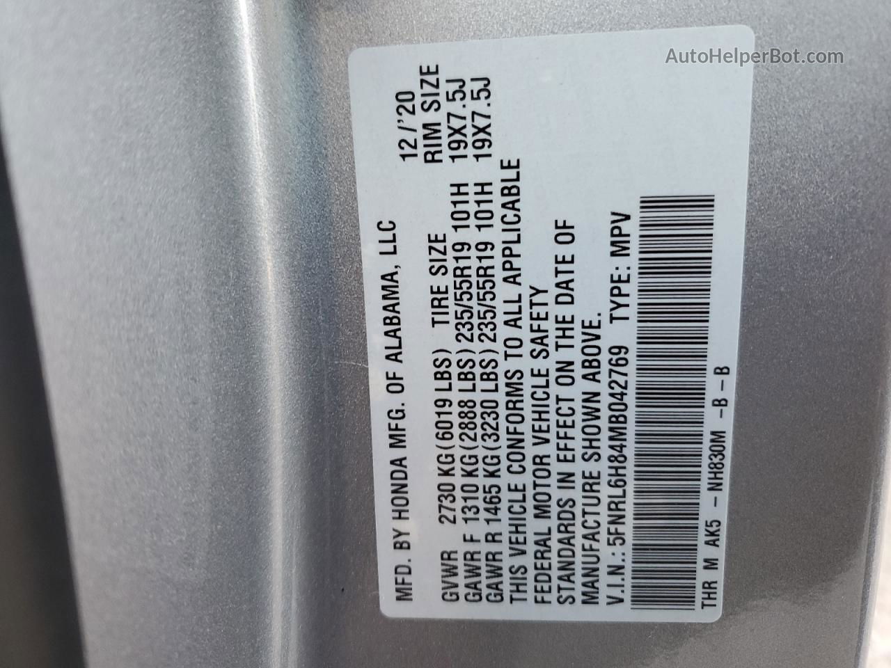 2021 Honda Odyssey Touring Silver vin: 5FNRL6H84MB042769