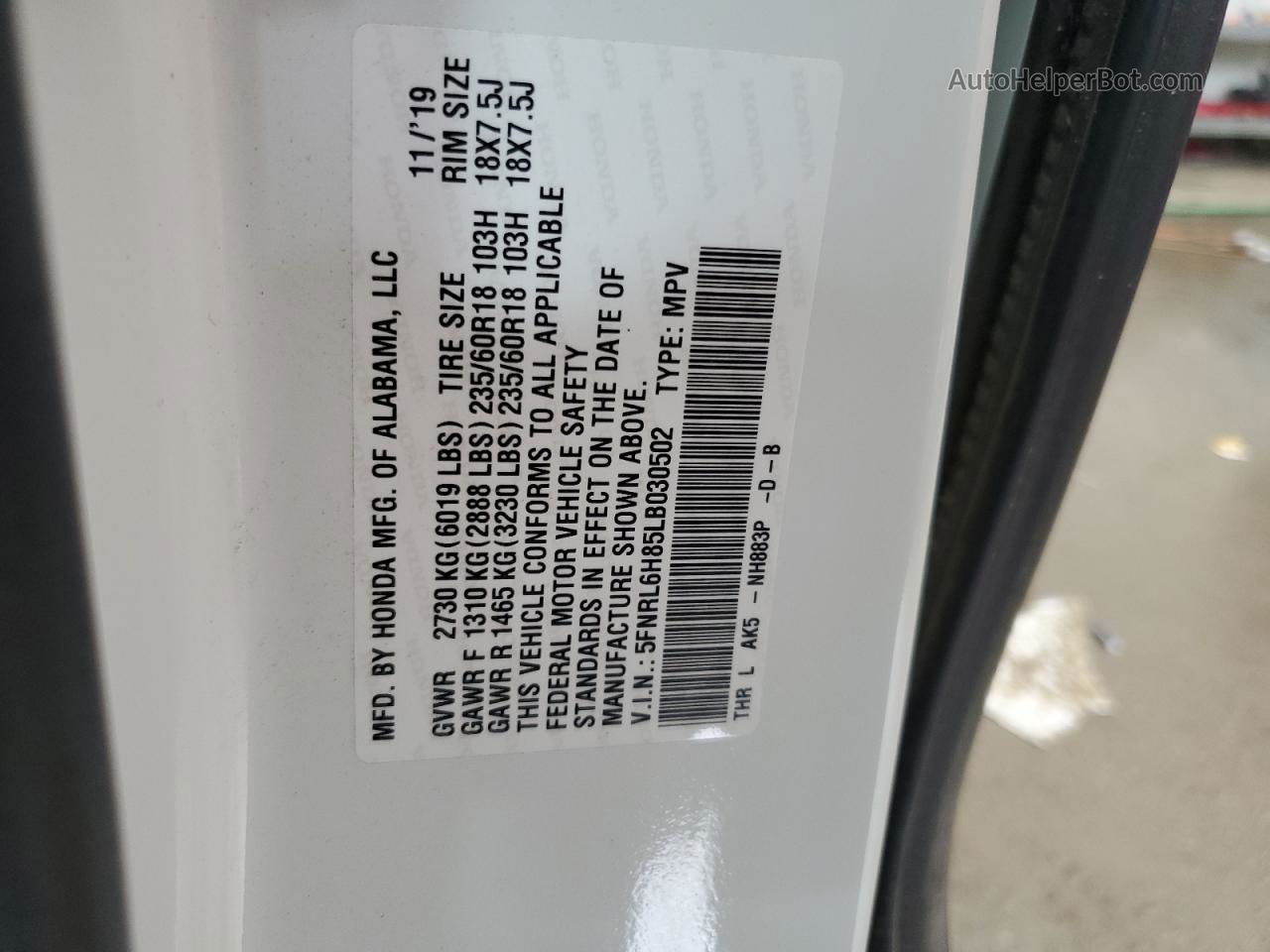 2020 Honda Odyssey Touring White vin: 5FNRL6H85LB030502