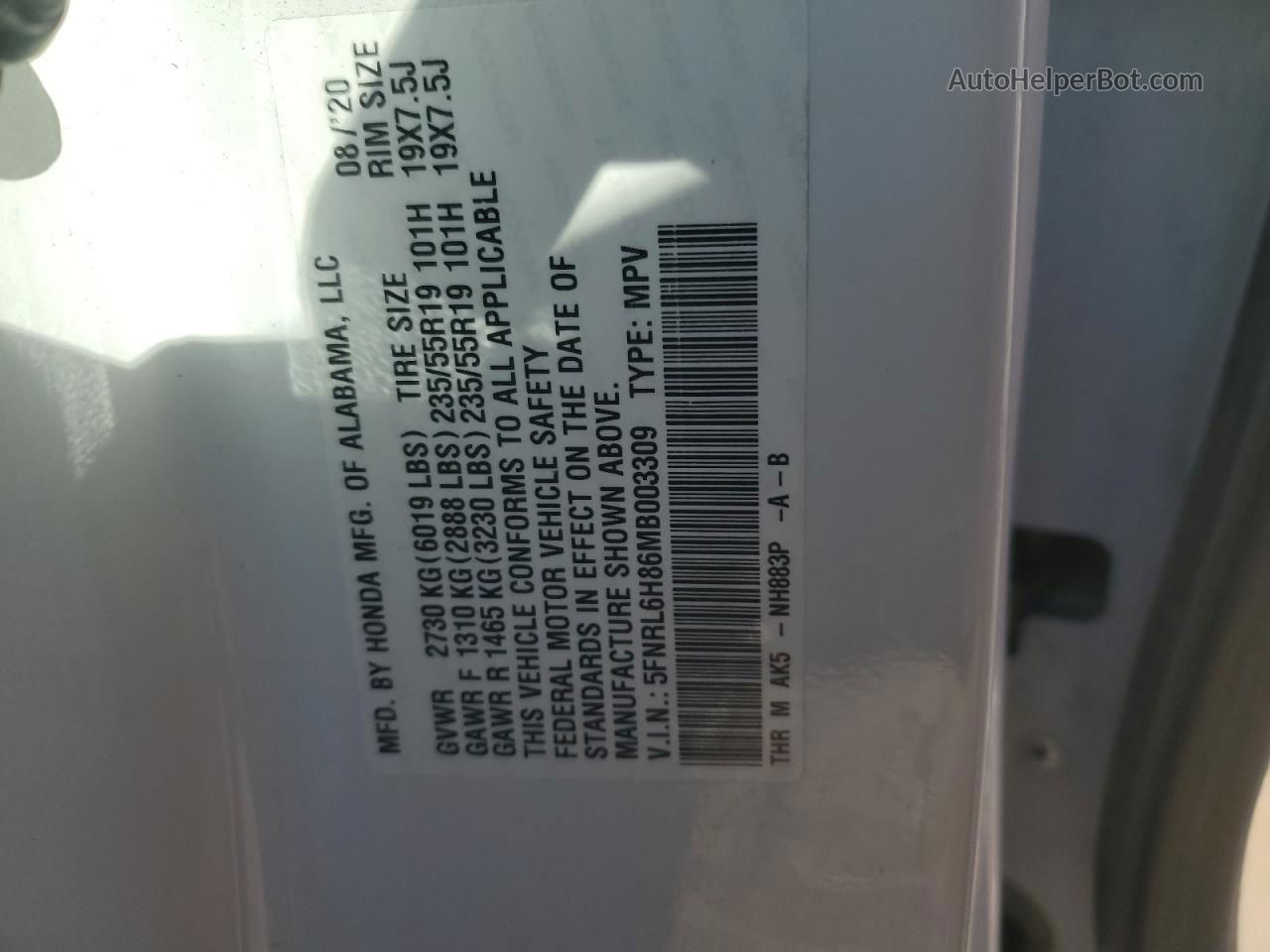 2021 Honda Odyssey Touring White vin: 5FNRL6H86MB003309