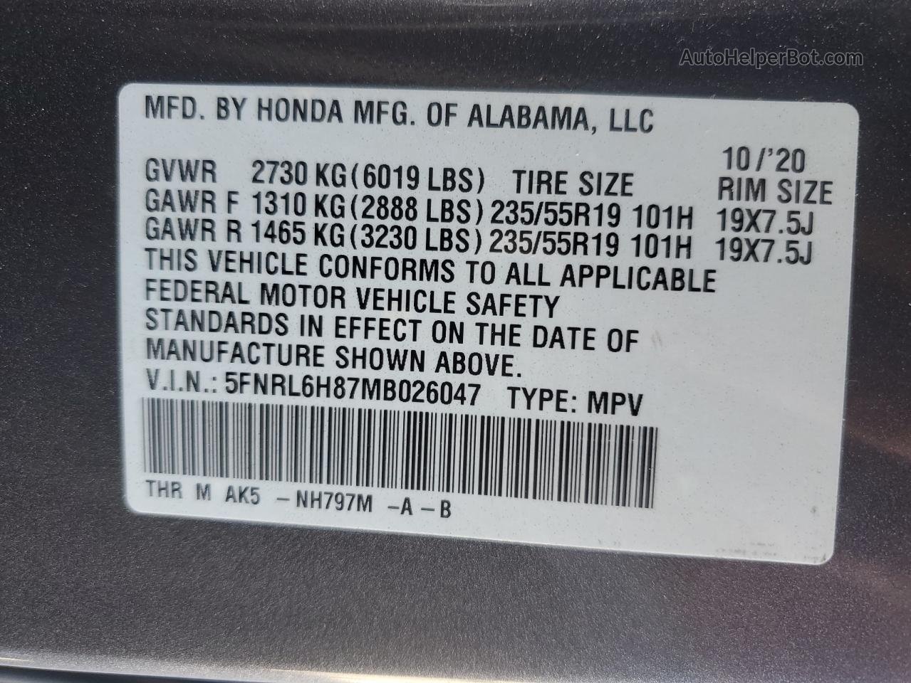 2021 Honda Odyssey Touring Charcoal vin: 5FNRL6H87MB026047