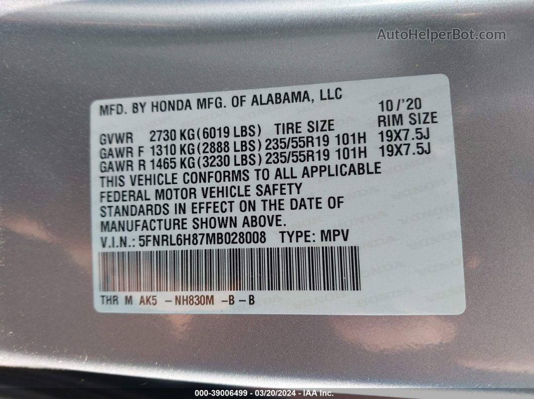 2021 Honda Odyssey Touring Silver vin: 5FNRL6H87MB028008