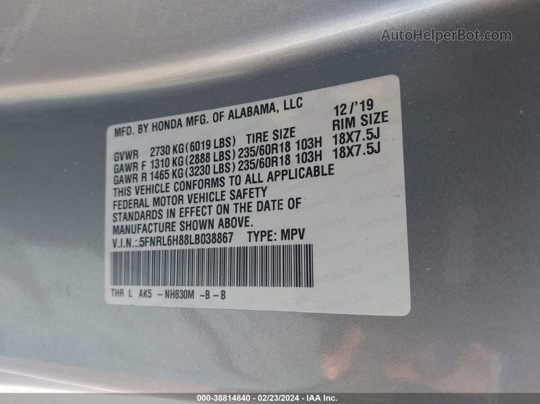 2020 Honda Odyssey Touring Silver vin: 5FNRL6H88LB038867