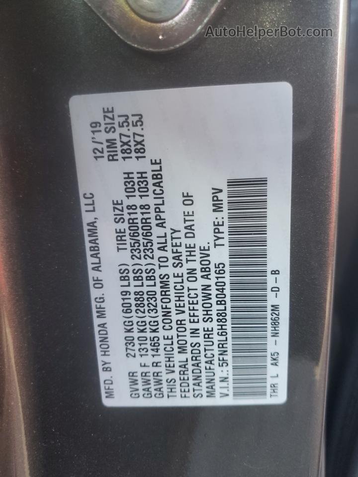 2020 Honda Odyssey Touring Gray vin: 5FNRL6H88LB040165