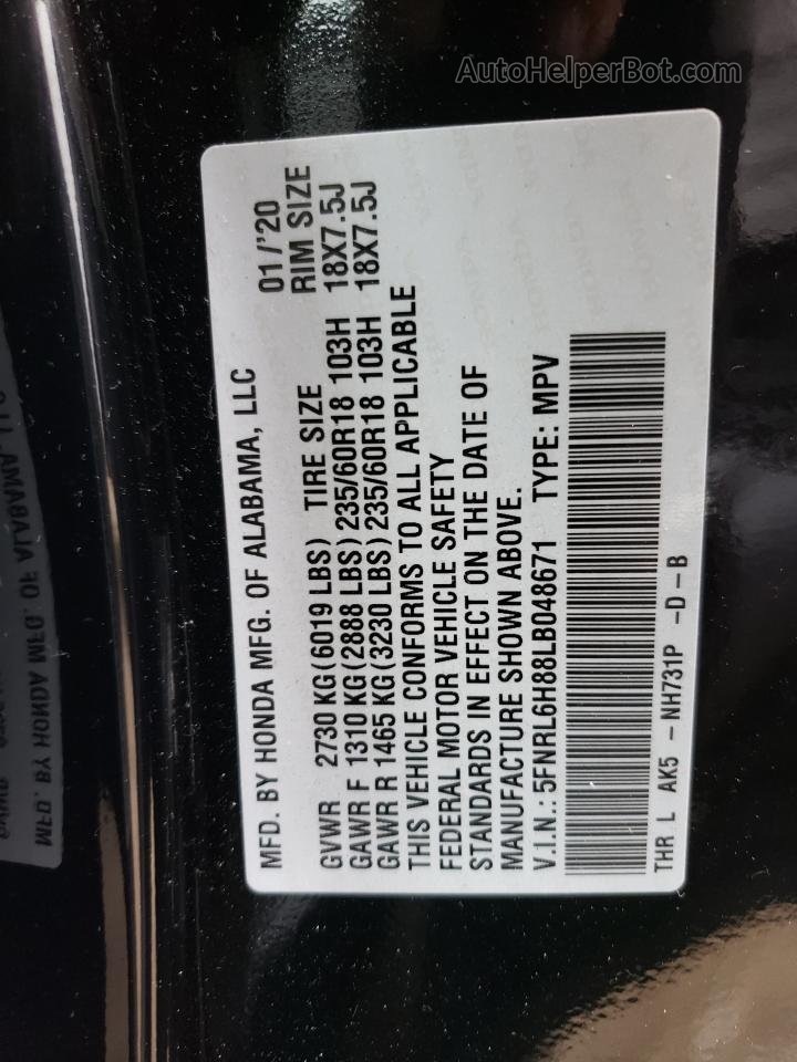 2020 Honda Odyssey Touring Black vin: 5FNRL6H88LB048671
