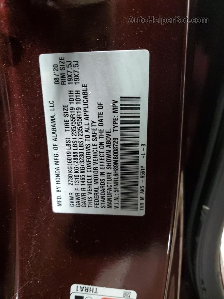 2021 Honda Odyssey Touring Бордовый vin: 5FNRL6H89MB008729