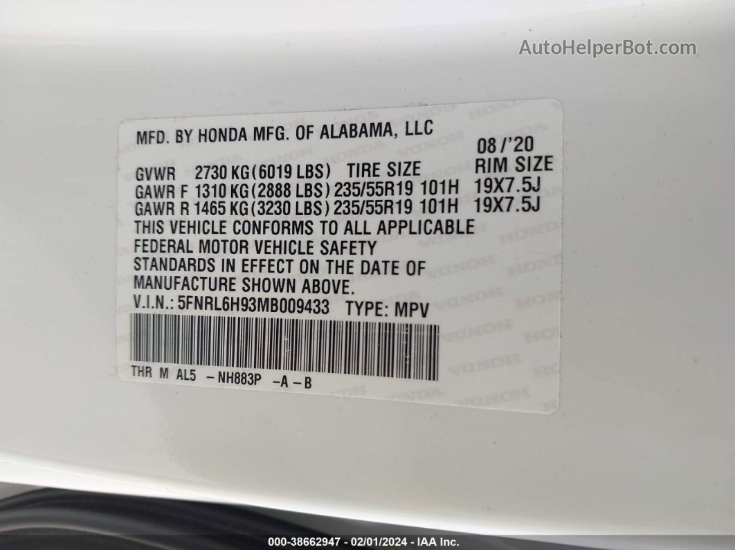 2021 Honda Odyssey Elite White vin: 5FNRL6H93MB009433