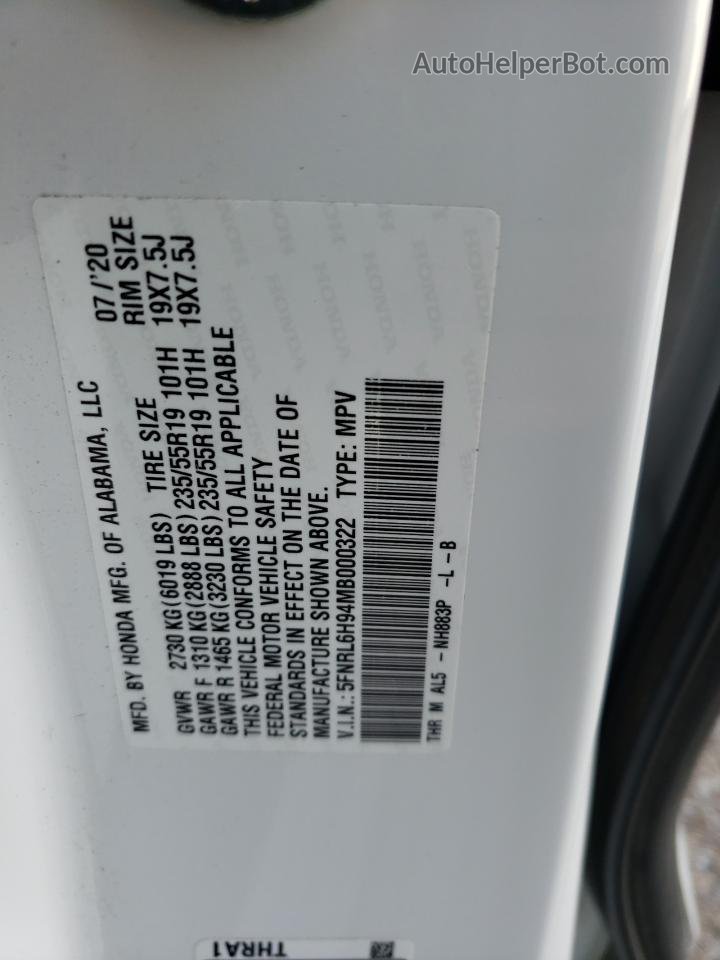 2021 Honda Odyssey Elite White vin: 5FNRL6H94MB000322