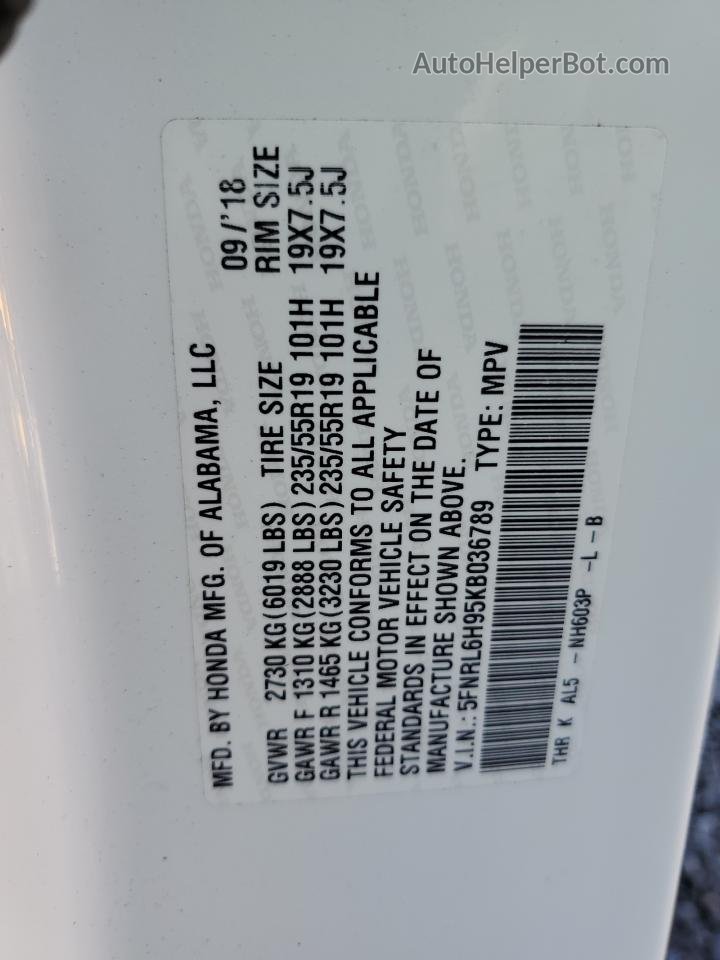 2019 Honda Odyssey Elite Белый vin: 5FNRL6H95KB036789