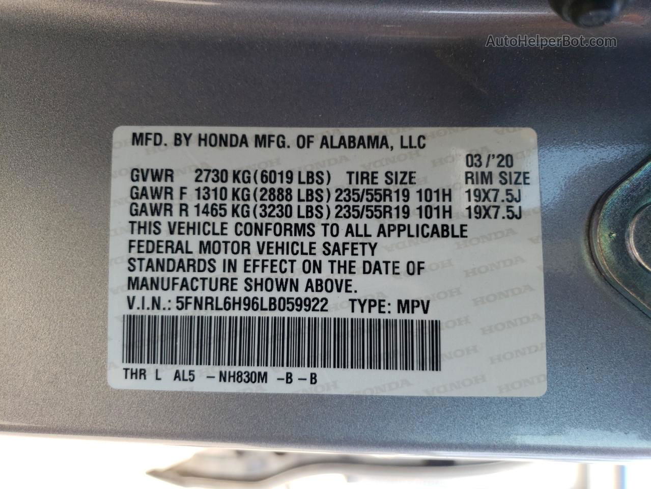 2020 Honda Odyssey Elite Silver vin: 5FNRL6H96LB059922