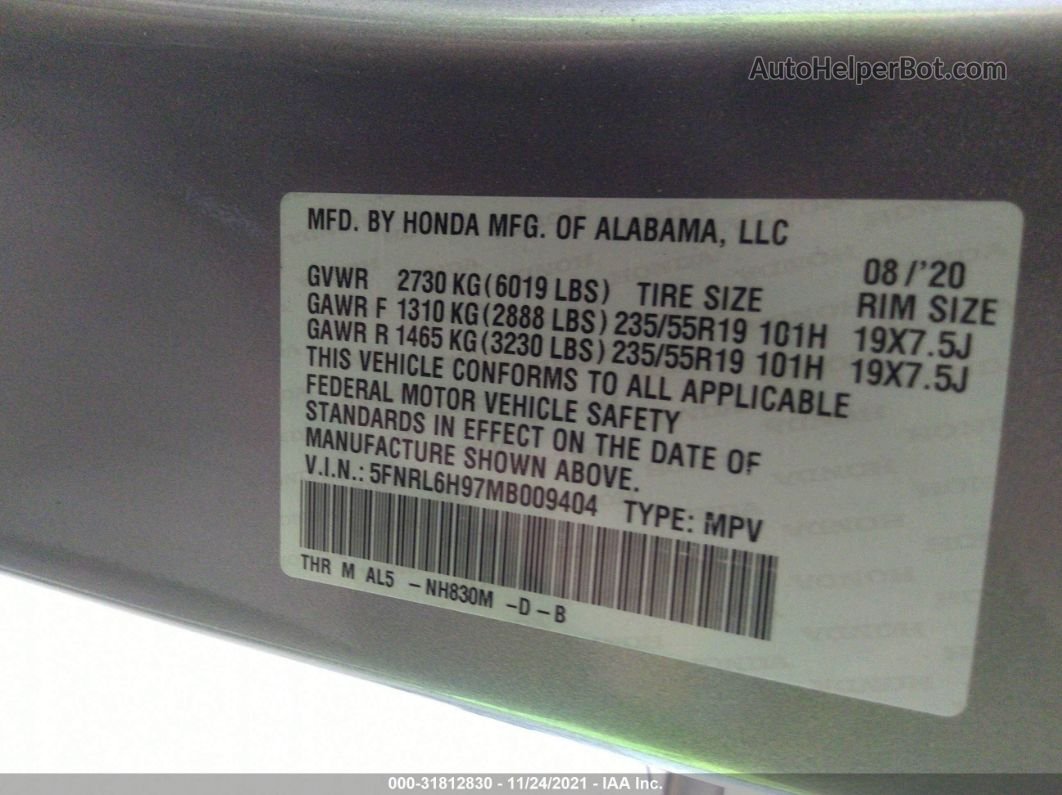 2021 Honda Odyssey Elite Silver vin: 5FNRL6H97MB009404